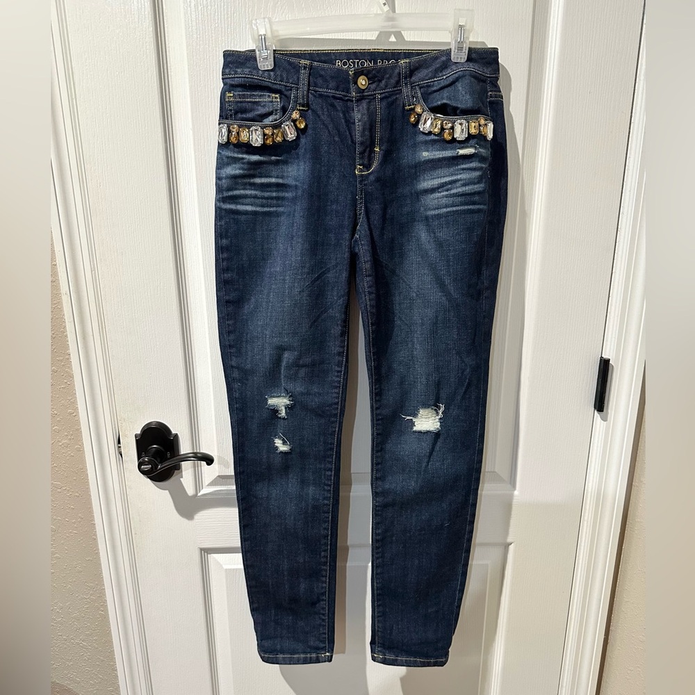 Boston Proper Denim Embellished Boyfriend Jeans With Cutouts. Sz 6 NWOT